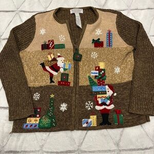 Vintage Tiara International Sz L Christmas Scene Cardigan Sweater Santa ugly
